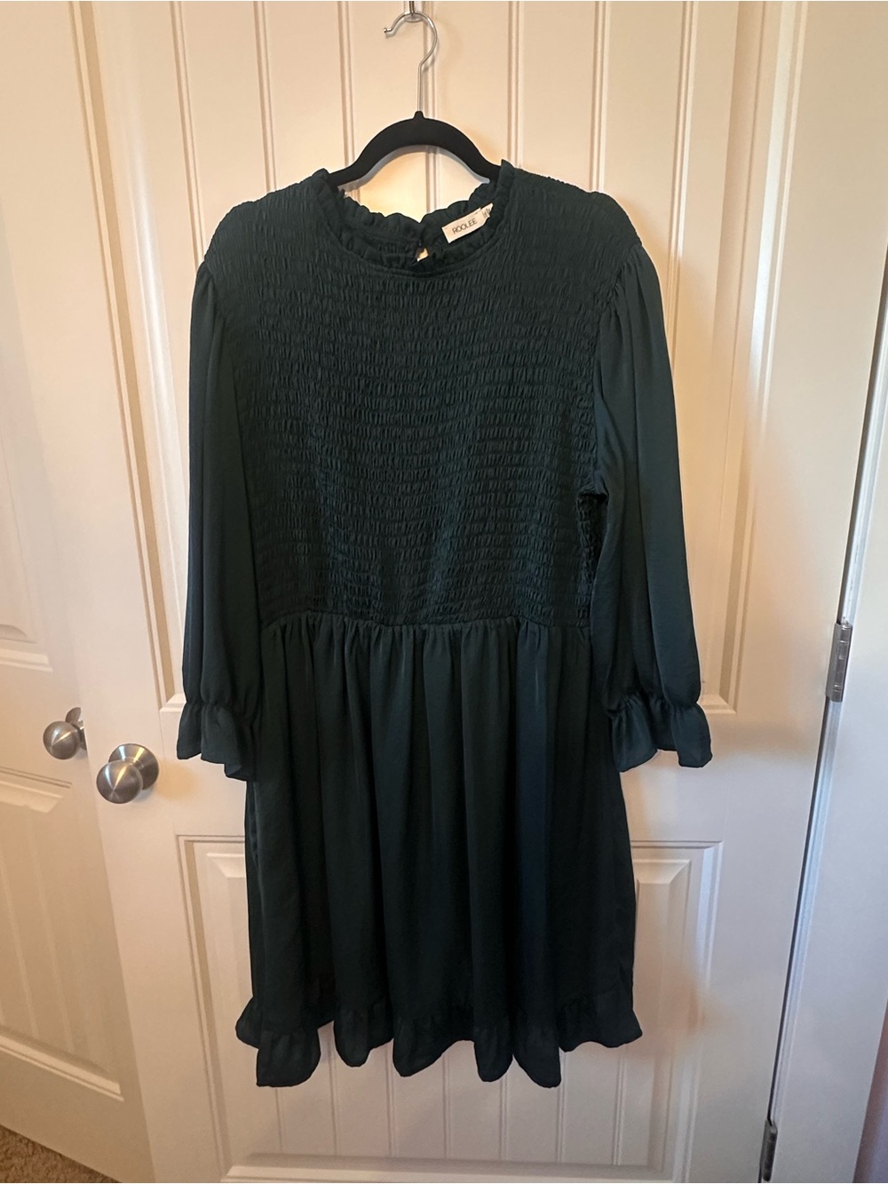 Roolee Dark Green Satin Smocked Ruffle Midi Dress
